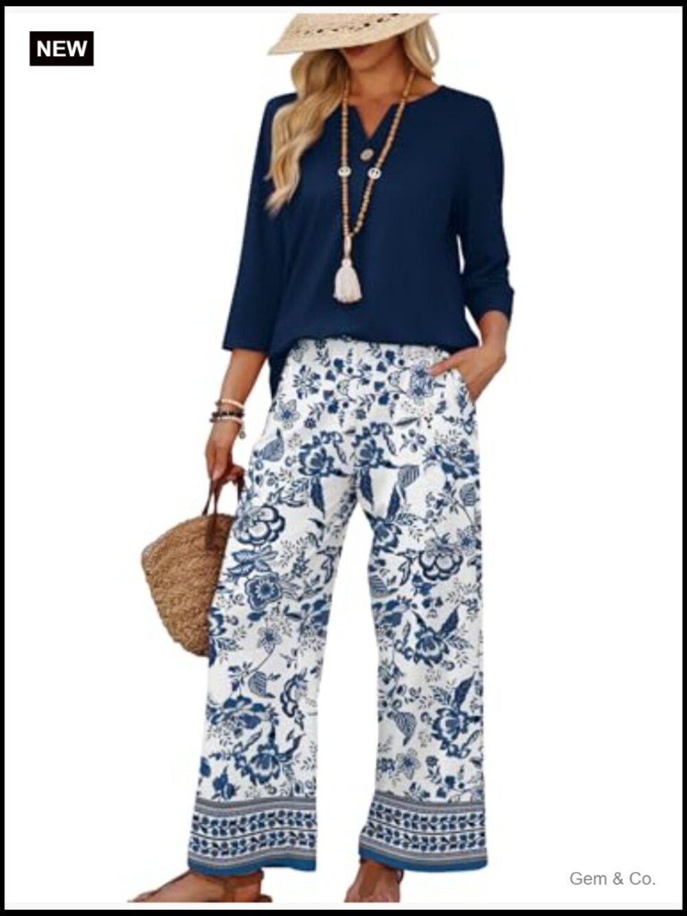 Two Piece Lounge Set 3/4 Sleeve V-Neck Top Wide Leg Pants Travel Outfit - Picture 2 of 6